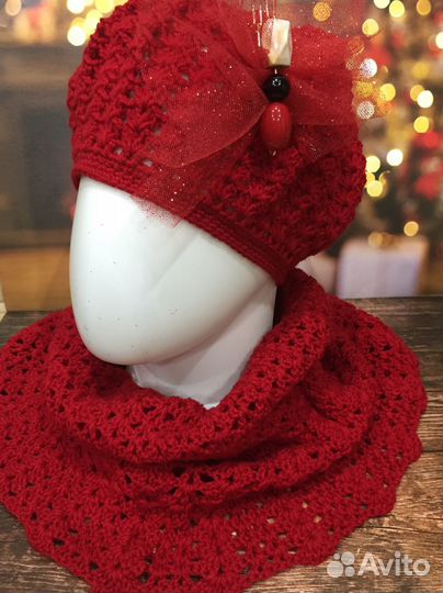 «Малиновый ажур»-ручная работа, комплект вязаный