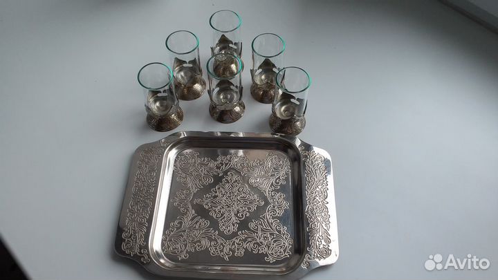 Рюмки с мельхиор. подносом, 80 год, ручная работа