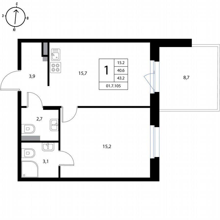 1-к. квартира, 43,2 м², 1/3 эт.