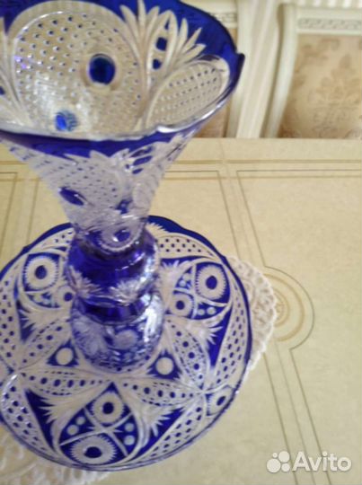 Хрустальная ваза для фруктов и цветов, синяя