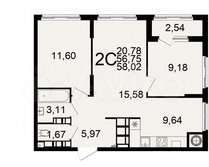 2-к. квартира, 58 м², 21/25 эт.