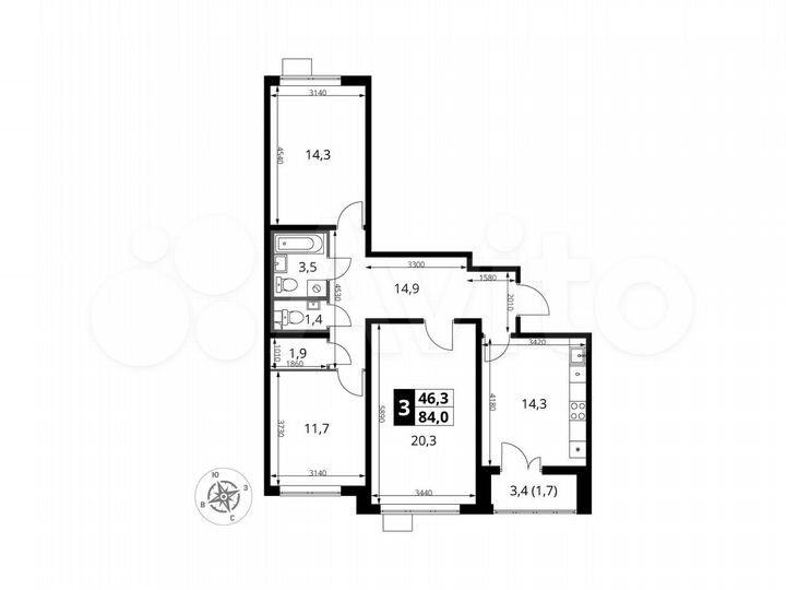 3-к. квартира, 84 м², 19/25 эт.