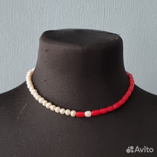 Колье натуральный жемчуг, коралл