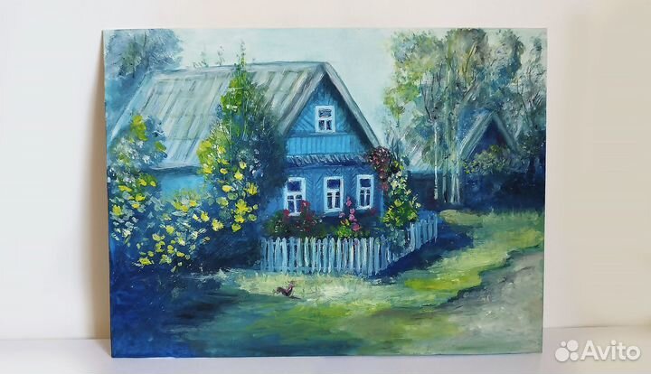 Картина маслом на холсте, деревня, домик