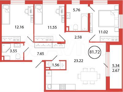 3-к. квартира, 81,7 м², 2/12 эт.