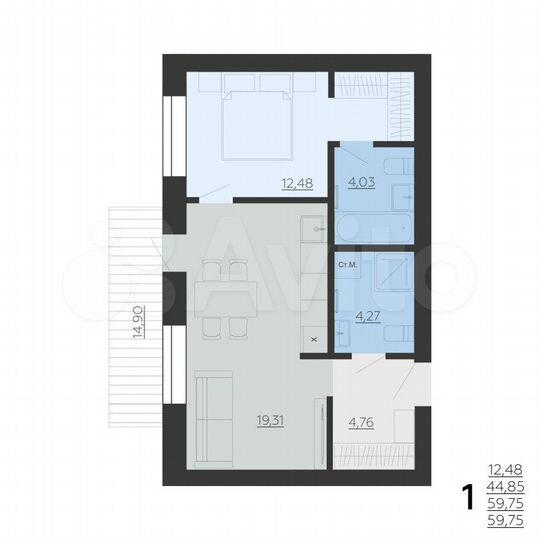 1-к. квартира, 59,8 м², 1/6 эт.