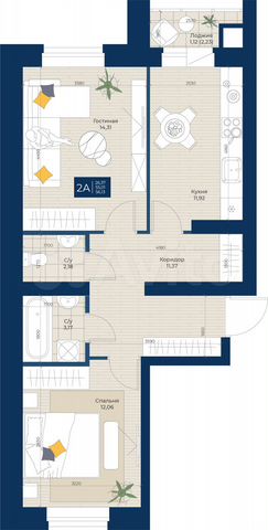 2-к. квартира, 56,1 м², 1/5 эт.