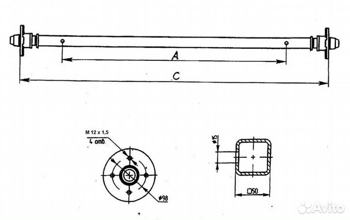 Ось алко (alko) для прицепа рессорная 750 кг, Разм