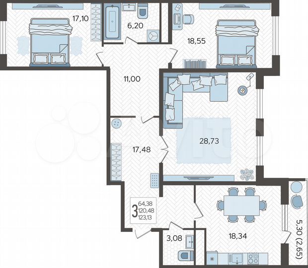 3-к. квартира, 123,1 м², 12/22 эт.