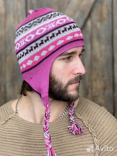 Мужская шапка двусторонняя с ушками зимняя Чульо 100% альпака цвет росадо-фуксия