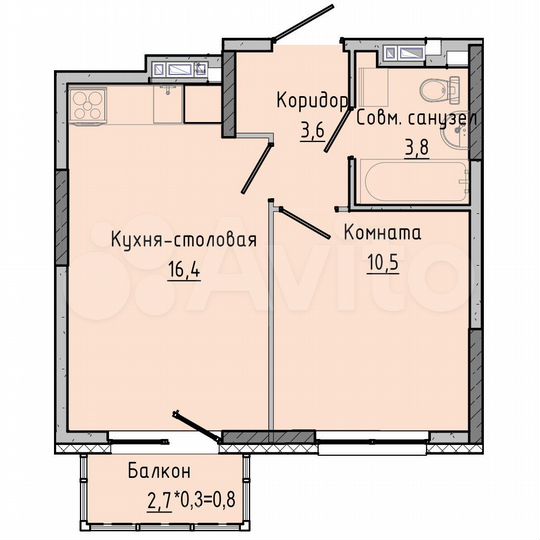 1-к. квартира, 34,3 м², 12/17 эт.