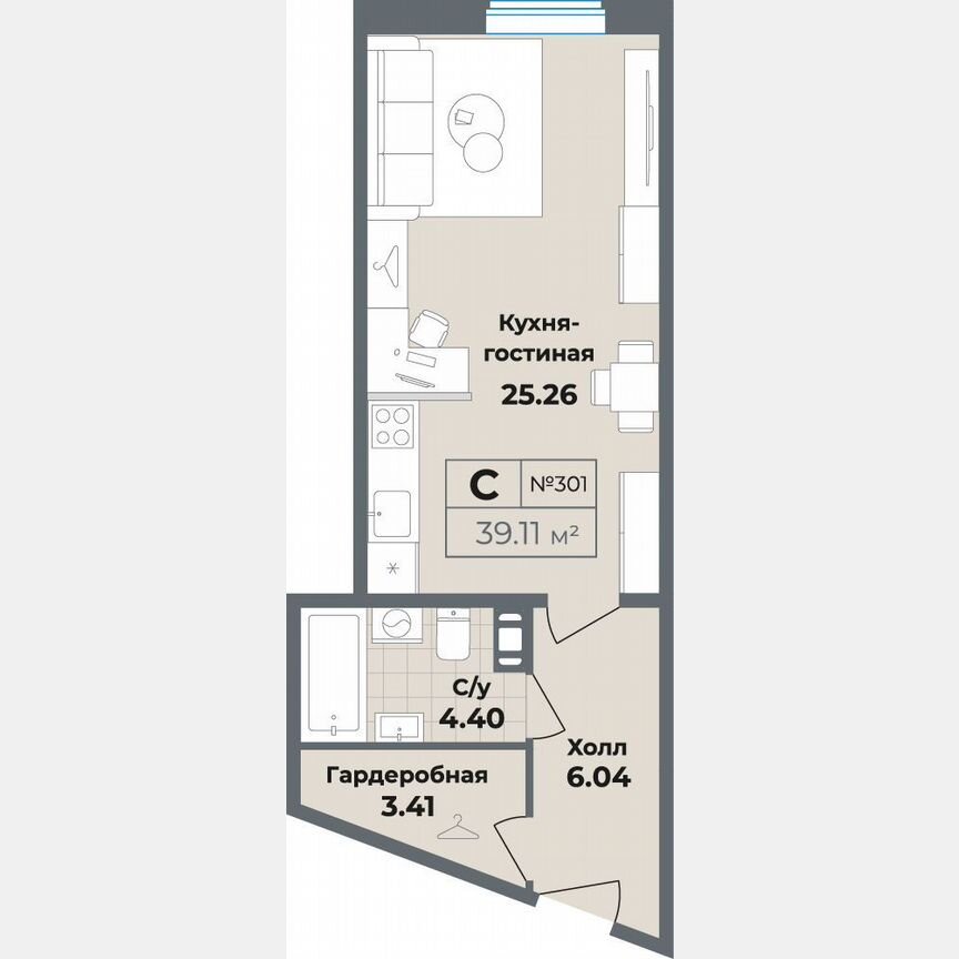 Апартаменты-студия, 41,8 м², 3/10 эт.