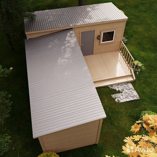 Бытовка угловая для дачи с террасой 6х2.5 5х2.5 3х