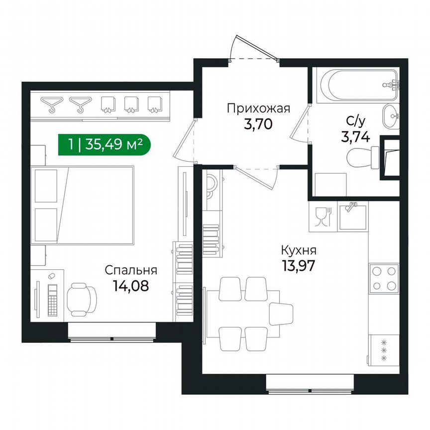 1-к. квартира, 35,5 м², 1/8 эт.