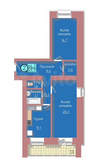 2-к. квартира, 69,9 м², 12/12 эт.