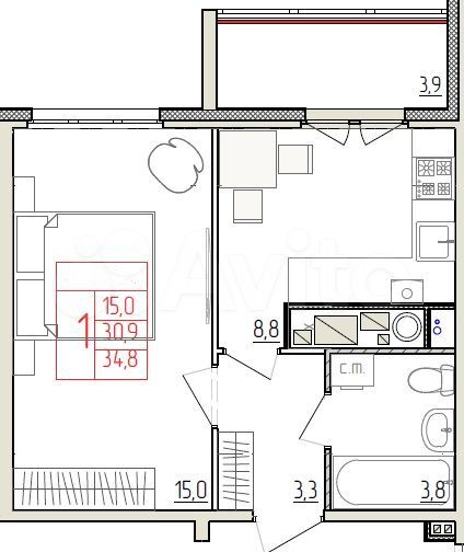 1-к. квартира, 34,7 м², 8/9 эт.