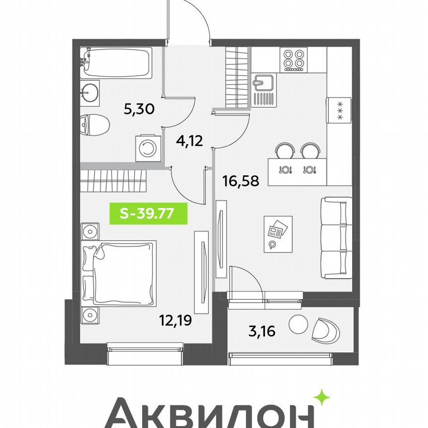 1-к. квартира, 39,8 м², 3/12 эт.