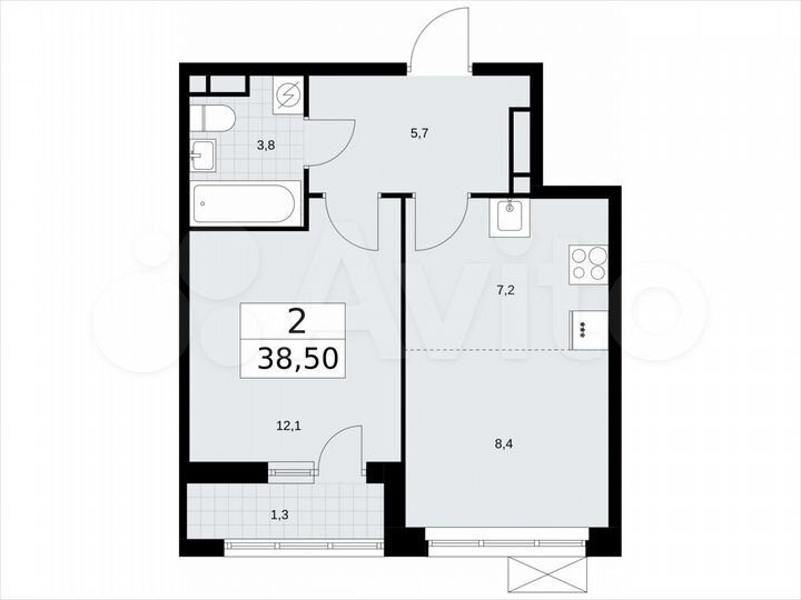 2-к. квартира, 38,5 м², 6/9 эт.