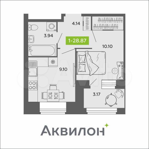 1-к. квартира, 28,9 м², 2/11 эт.