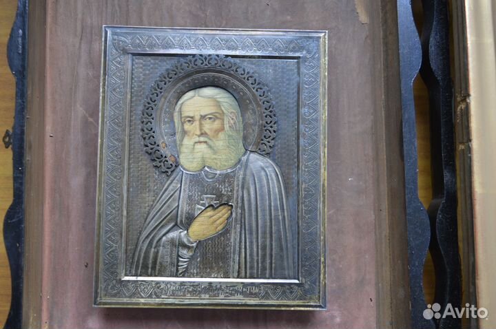 Старинная икона Серафим Саровский серебро 84
