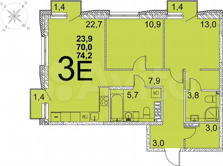 2-к. квартира, 71,3 м², 11/25 эт.