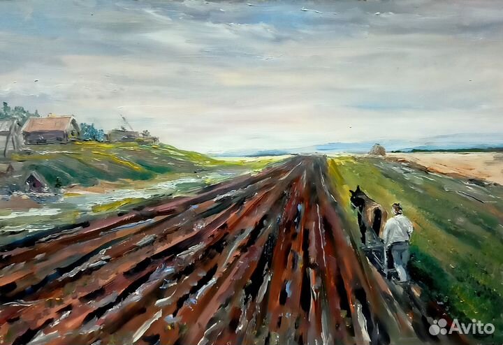 Картина маслом деревенский пейзаж 21х30 см