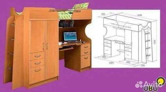 Детская кровать чердак со столом и шкафом