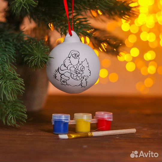 2 шт. Ёлочный шар под роспись 'Дед Мороз с подарками', подарочный набор, с подвесом, краска 3 цвета