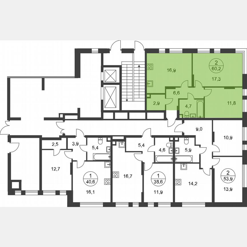 2-к. квартира, 60,2 м², 1/17 эт.