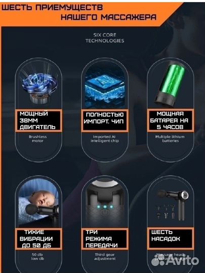 Перкуссионный массажёр пистолет с насадками новый