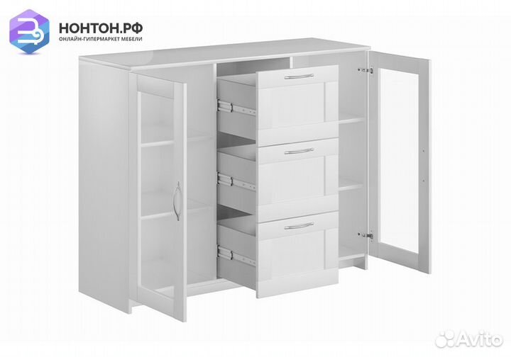 Комод с дверцами Сириус со стеклом и 3 ящиками бел