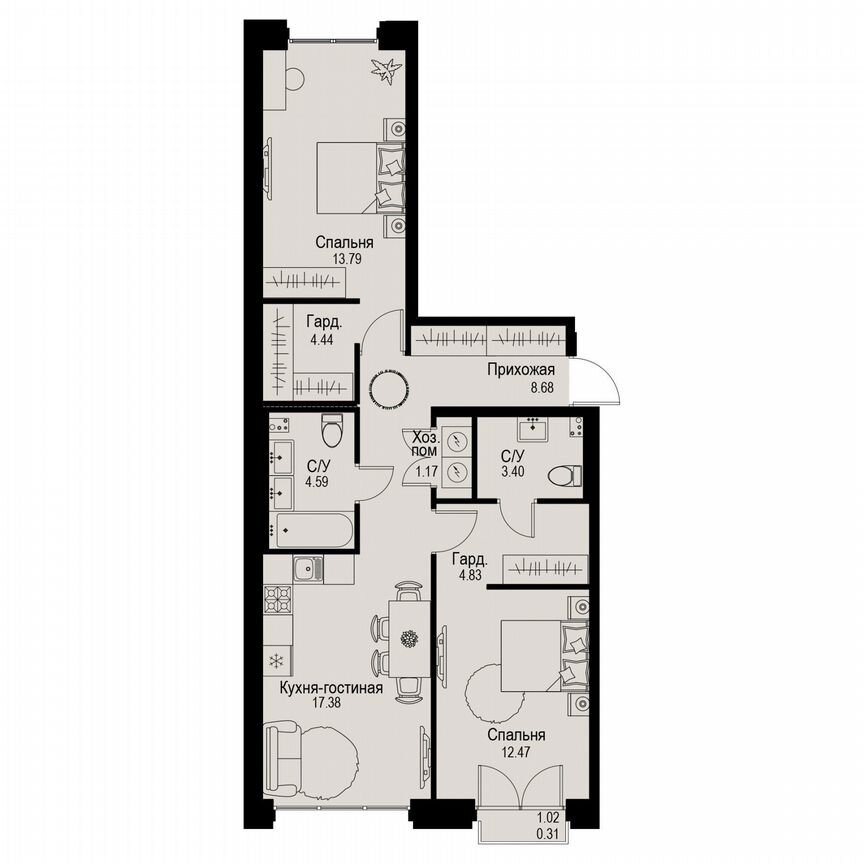 2-к. квартира, 71,1 м², 2/6 эт.