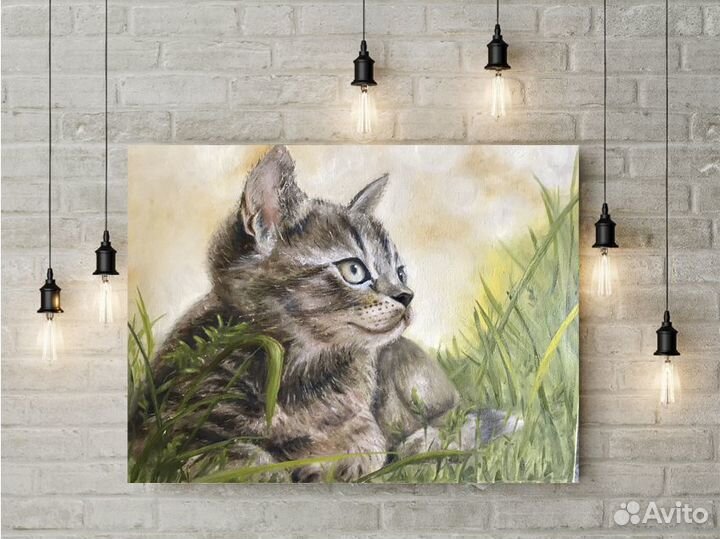Картина маслом на холсте Котик на зеленой траве