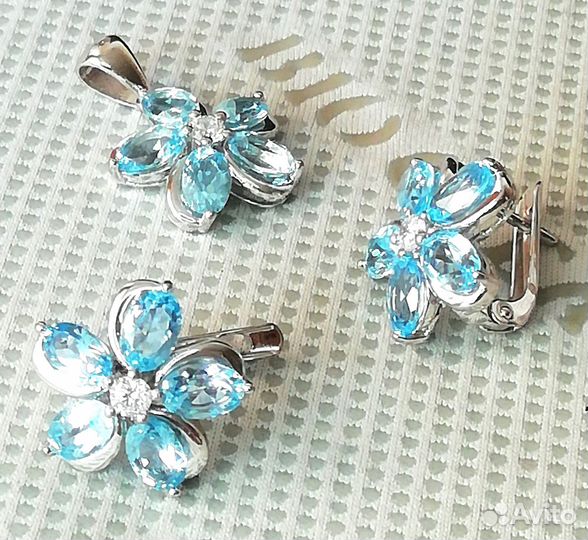 Серьги, кулон серебро голубой топаз С344