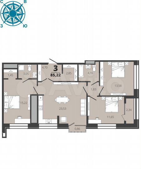 3-к. квартира, 85,2 м², 16/19 эт.