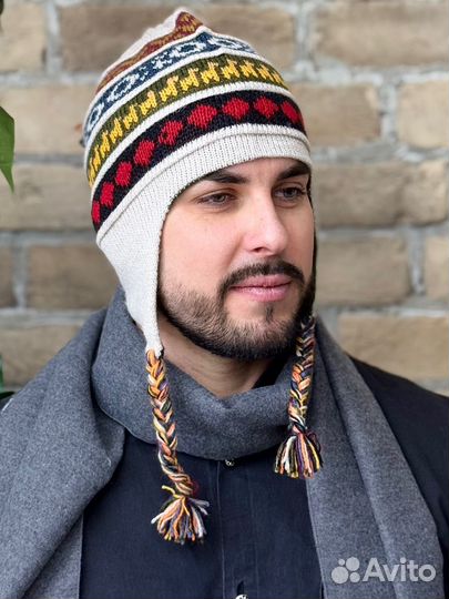 Мужская шапка двусторонняя с ушками зимняя Чульо 100% альпака цвет фисташковый-беж уно