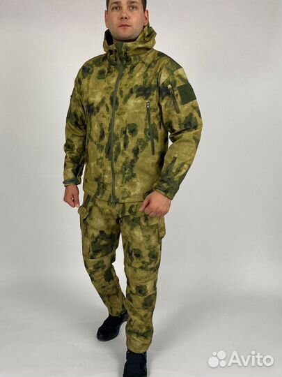 Тактический камуфляж костюм мох SoftShell на флисе