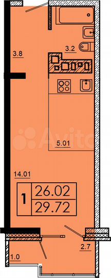1-к. квартира, 29,7 м², 10/16 эт.