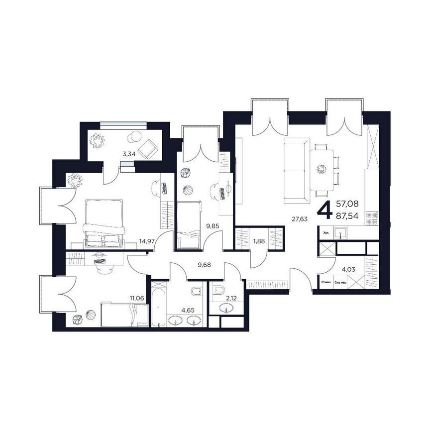 4-к. квартира, 87,5 м², 6/12 эт.