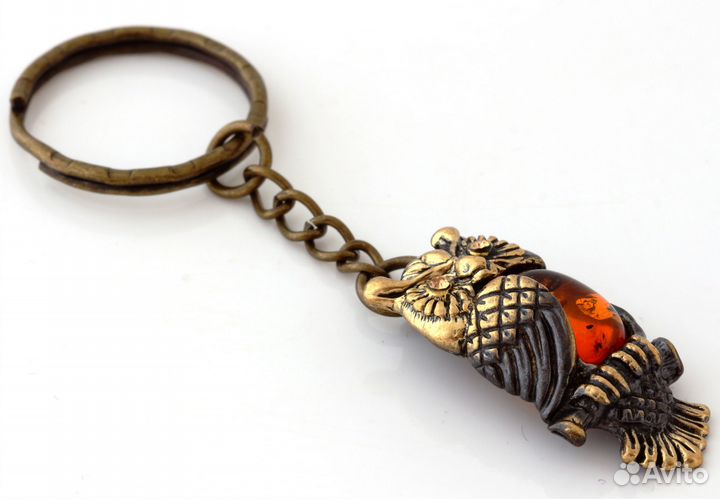 Брелок для ключей Сова латунь янтарь