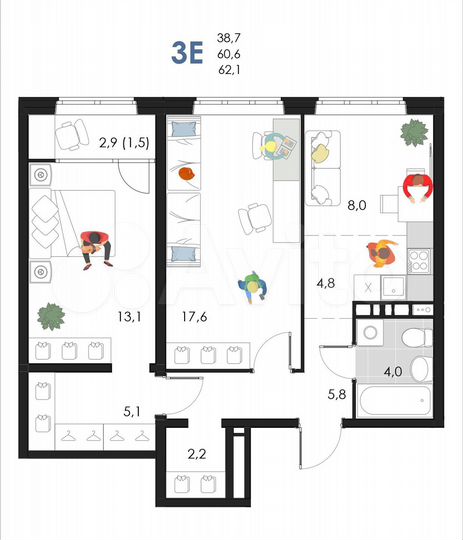 3-к. квартира, 62,1 м², 6/6 эт.
