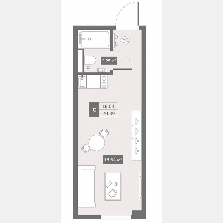 1-к. апартаменты, 20,9 м², 2/13 эт.