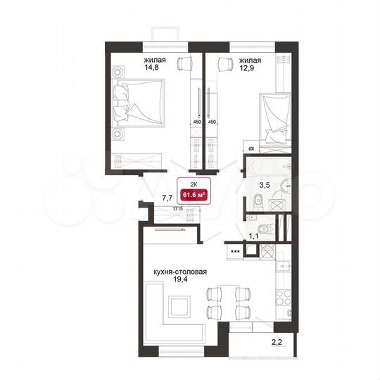 2-к. квартира, 61,9 м², 1/4 эт.