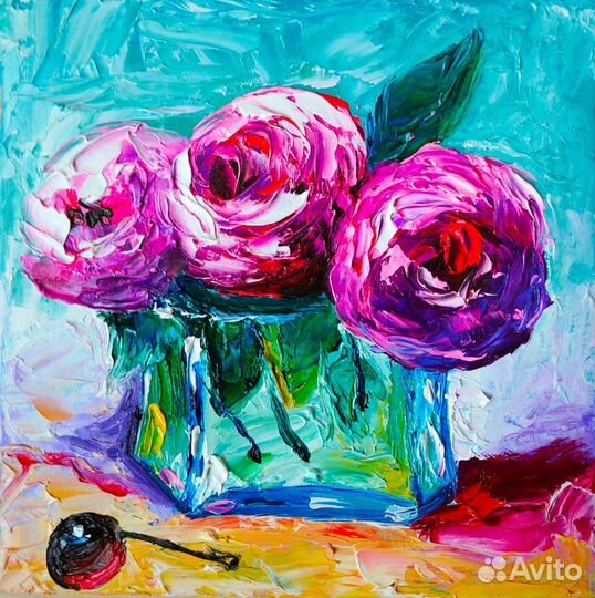 Картина маслом розы в вазе
