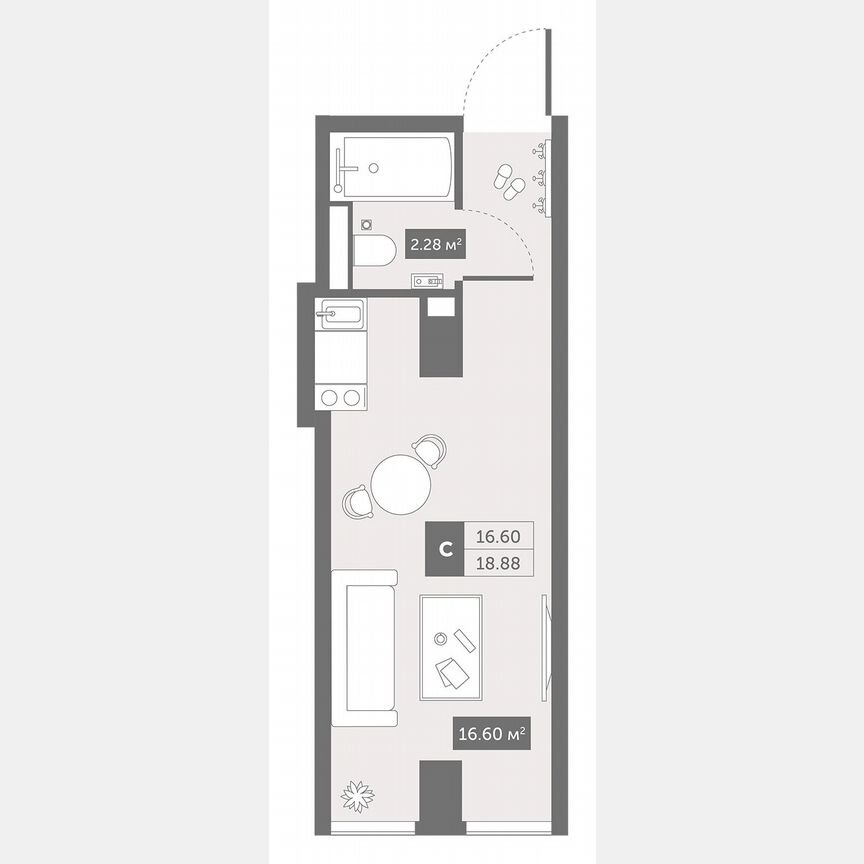 1-к. апартаменты, 18,9 м², 2/13 эт.