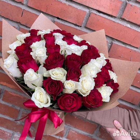 Красные и белые розы. Букет из 51 цветка