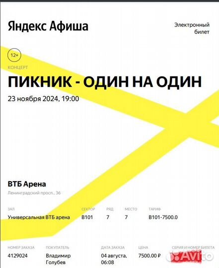 Два билета на Пикник втб Арена 23.11.2024