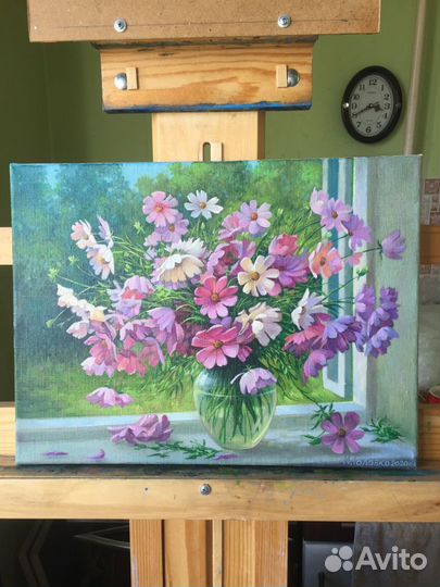 Картина маслом цветы космея