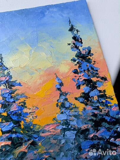 Картина масло зимний пейзаж елки рассвет Новцй год