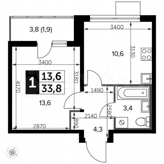 1-к. квартира, 33,8 м², 2/20 эт.